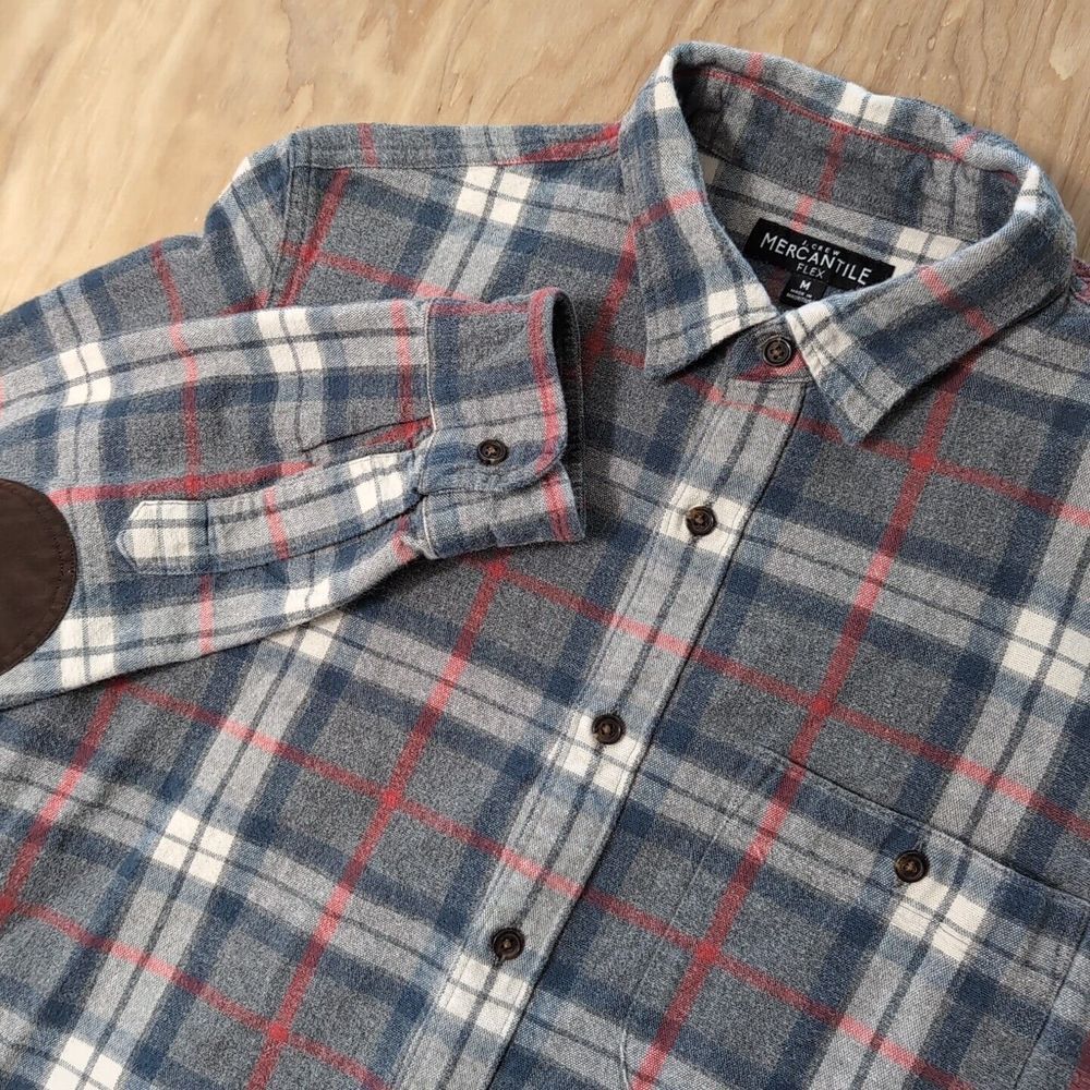 J. CREW Mercantile Flex Men's Med Navy Blue‎ & Red Gray Plaid Shirt Elbow Pads